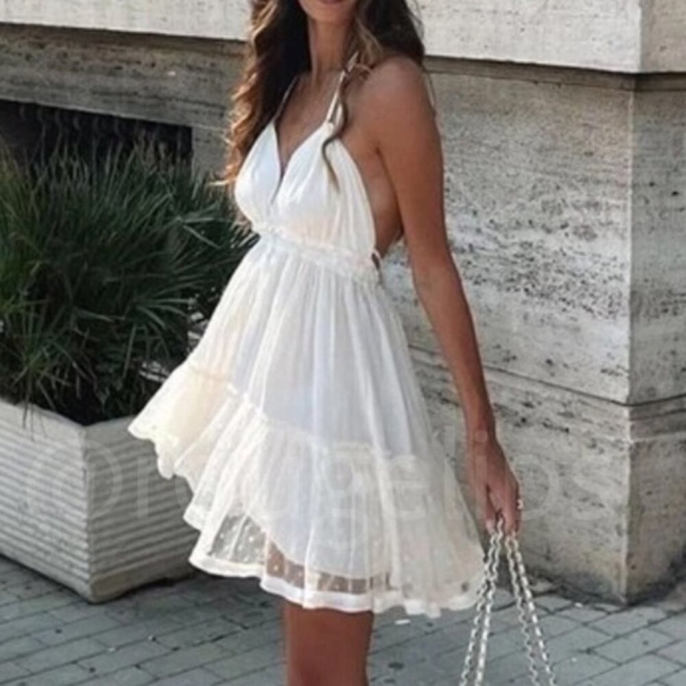 Backless Babydoll Short Dress in Beige